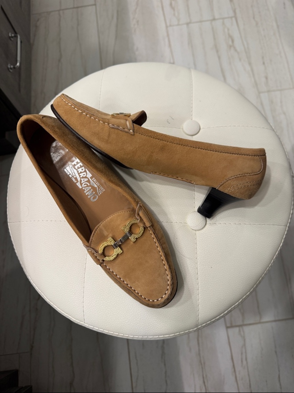 Salvatore Ferragamo Tan Suede Kitten Heel Loafers with Gold Bit